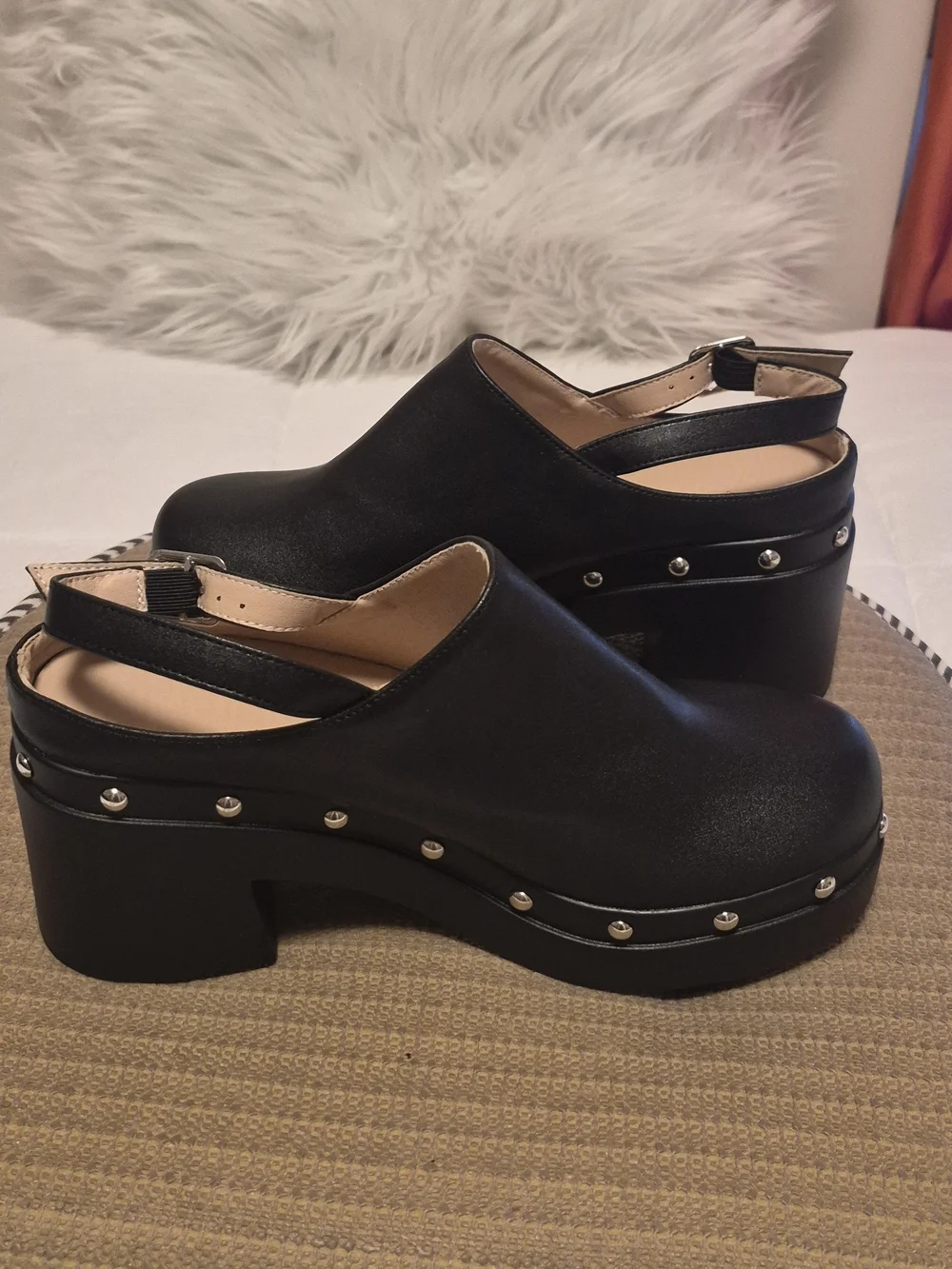 Black Studded Platform Slingback Clogs - Women's